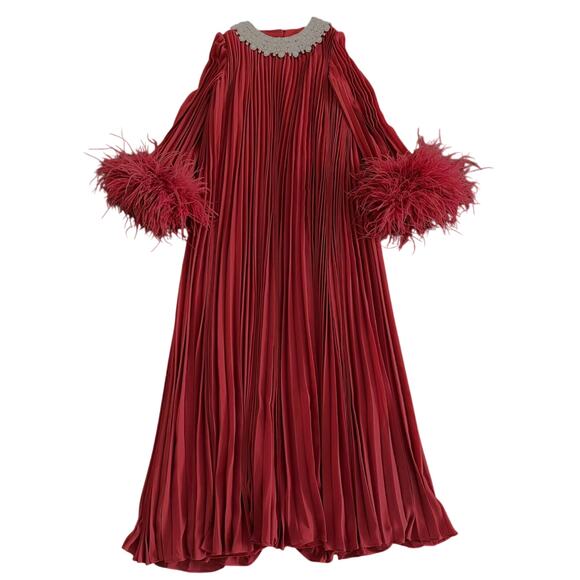 Self Portrait Red Embellished Feather-Trimmed Chiffon Maxi Dress US 8 - Picture 6 of 9